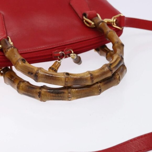 GUCCI Bamboo Hand Bag Leather 2way Red Gold Auth gh613 - Picture 8 of 16
